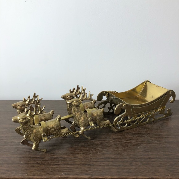 Vintage Other - Vintage Brass Reindeer with Sleigh